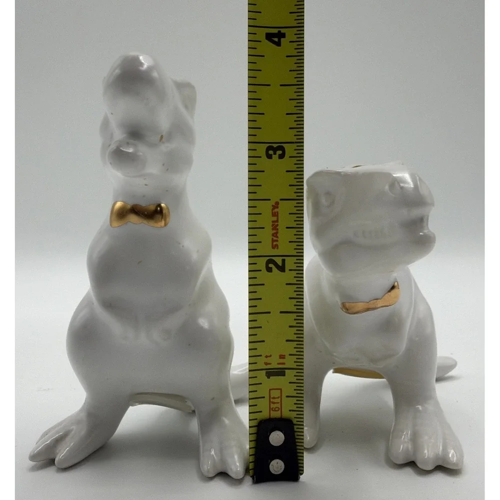 Target T-Rex Dinosaur White Ceramic Salt & Pepper Shakers Gold Bow Ties Retired.